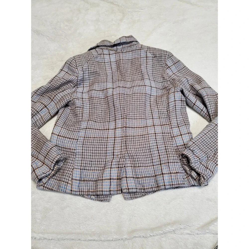 Free People Blue Gray Plaid Classic Cropped Jacket Blazer Medium Office Academia